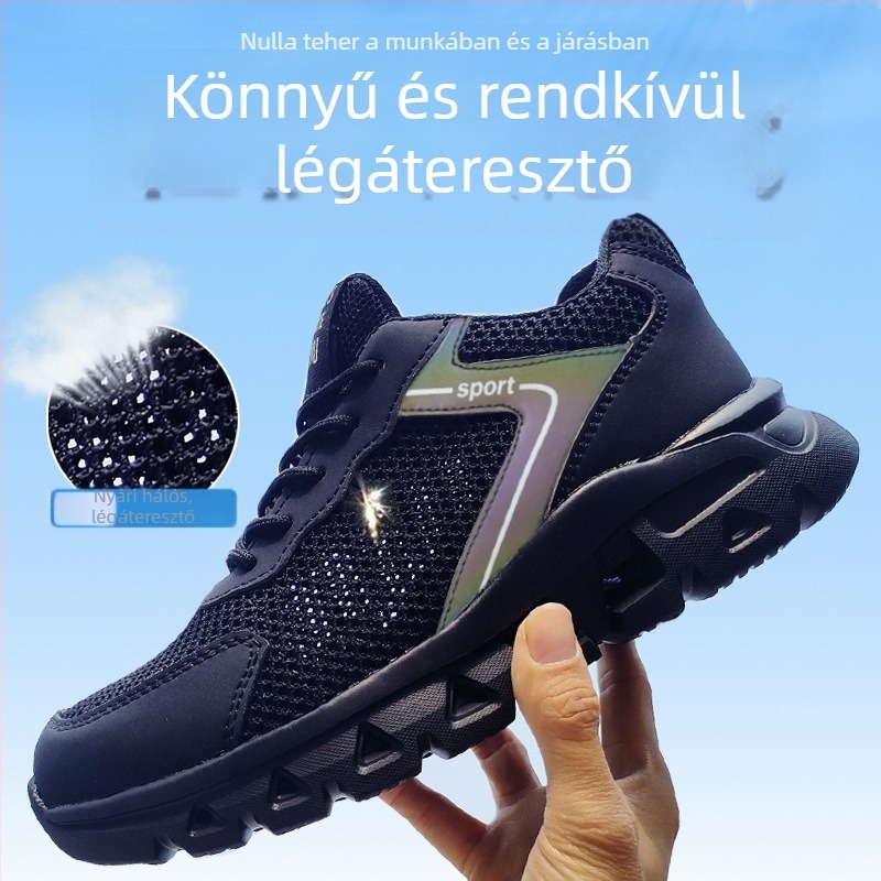 Férfi nyári hálószövésű munkacipő, lélegző és könnyű, acél orrvédővel, ütés- és átszúrás elleni védelemmel, puha talppal, kopásálló