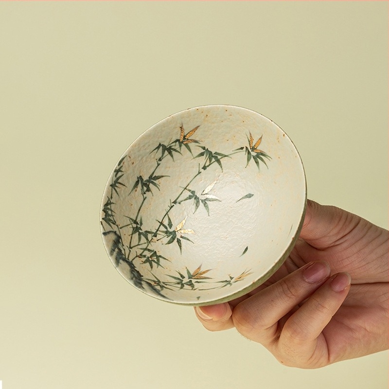 Kézzel festett porcelán teáscsésze arany bambusz motívummal Pu'er teához, nagy kapacitású teásedény
