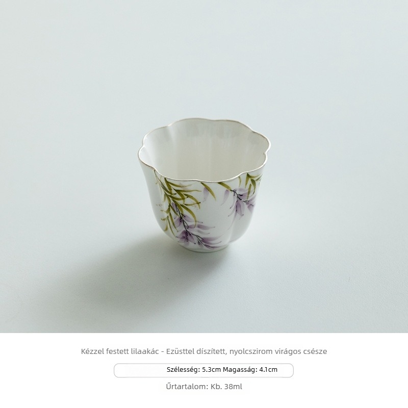 Chang Pu Ju kézzel festett teáscsésze wisteria virággal, porcelán, nyolcszirmú minta