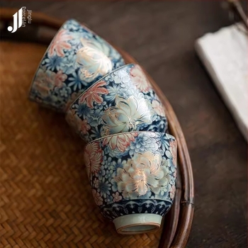 Kínai stílusú Ru kiln virágos teáscsésze repedezett mázzal, személyes használatra, kiváló minőségű porcelán