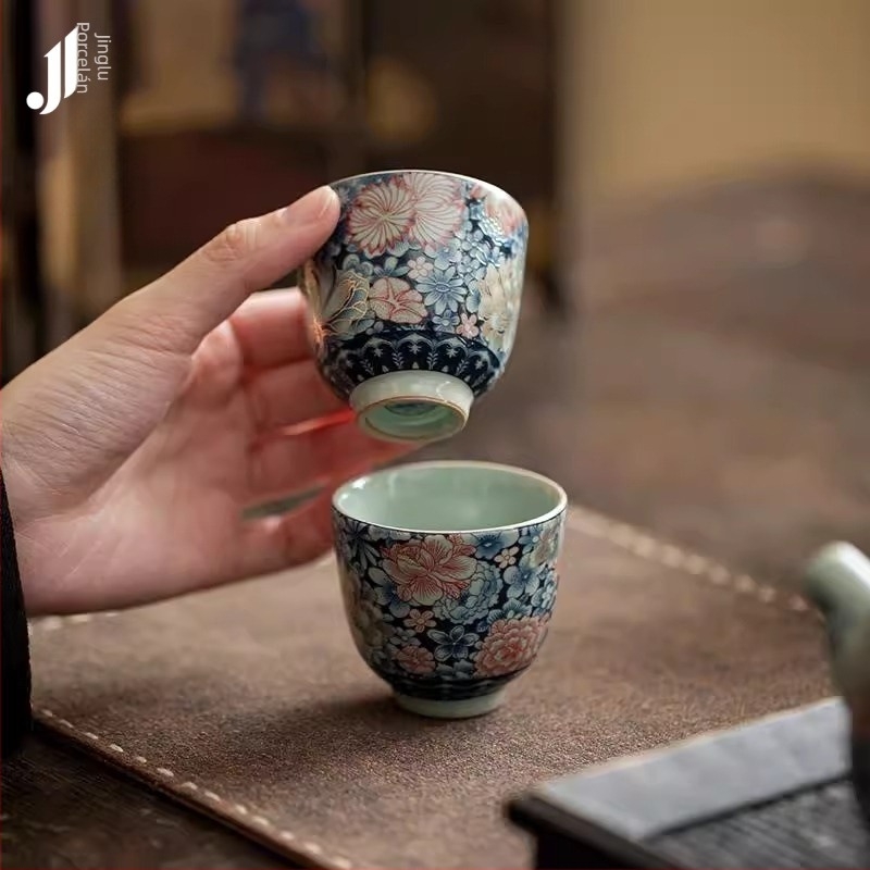 Kínai stílusú Ru kiln virágos teáscsésze repedezett mázzal, személyes használatra, kiváló minőségű porcelán
