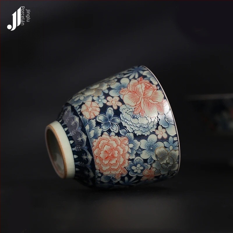 Kínai stílusú Ru kiln virágos teáscsésze repedezett mázzal, személyes használatra, kiváló minőségű porcelán