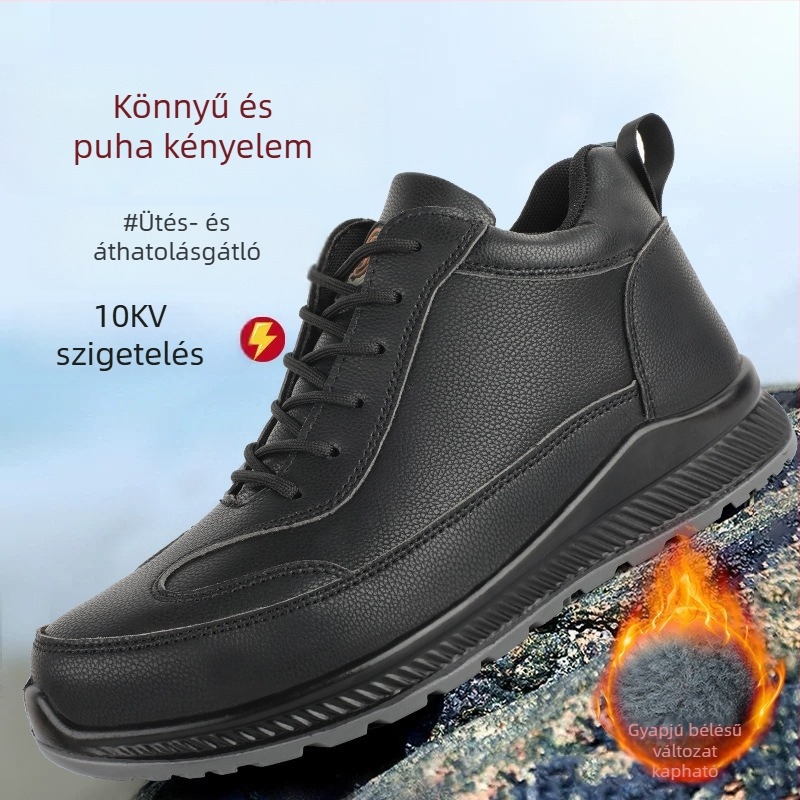 Villanyszerelőknek tervezett biztonsági cipő műanyag-acél orral, ütésálló és áthatolás elleni védelem, vízálló, kopás- és olajálló, velúr béléses