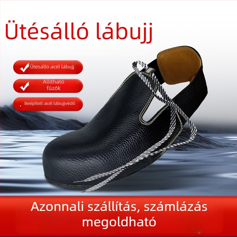 Marhabőrből készült vízálló cipővédő, acélorrvédővel, ütés- és perforáció elleni védelemmel, látogatók számára építkezéseken