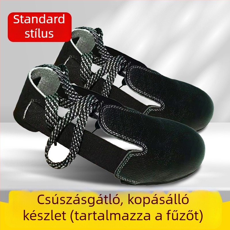 Marhabőrből készült vízálló cipővédő, acélorrvédővel, ütés- és perforáció elleni védelemmel, látogatók számára építkezéseken
