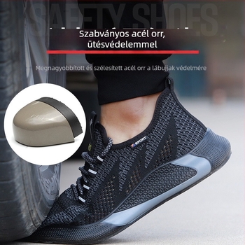 Légáteresztő Flyknit biztonsági cipő acél orrtokkal, ütés- és perforáció elleni védelem, csúszásmentes, szagtalanító, nyári munkacipő