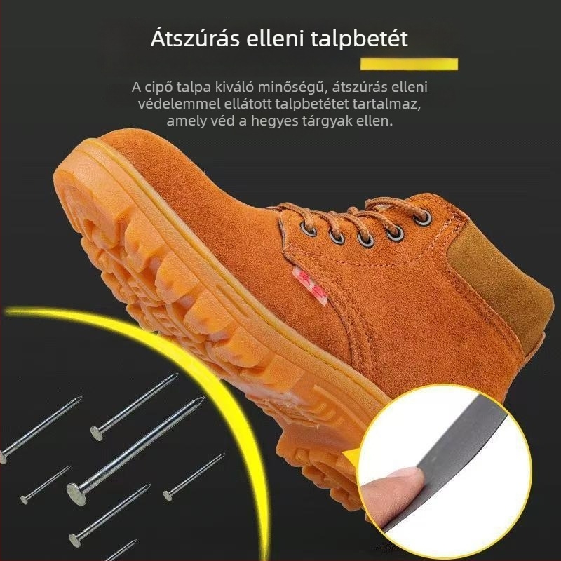 Férfi biztonsági cipő acélorrú, ütés- és perforációálló, valódi bőr, szagtűrő, hőálló és magas hőmérsékletnek ellenálló, acéllemez talppal