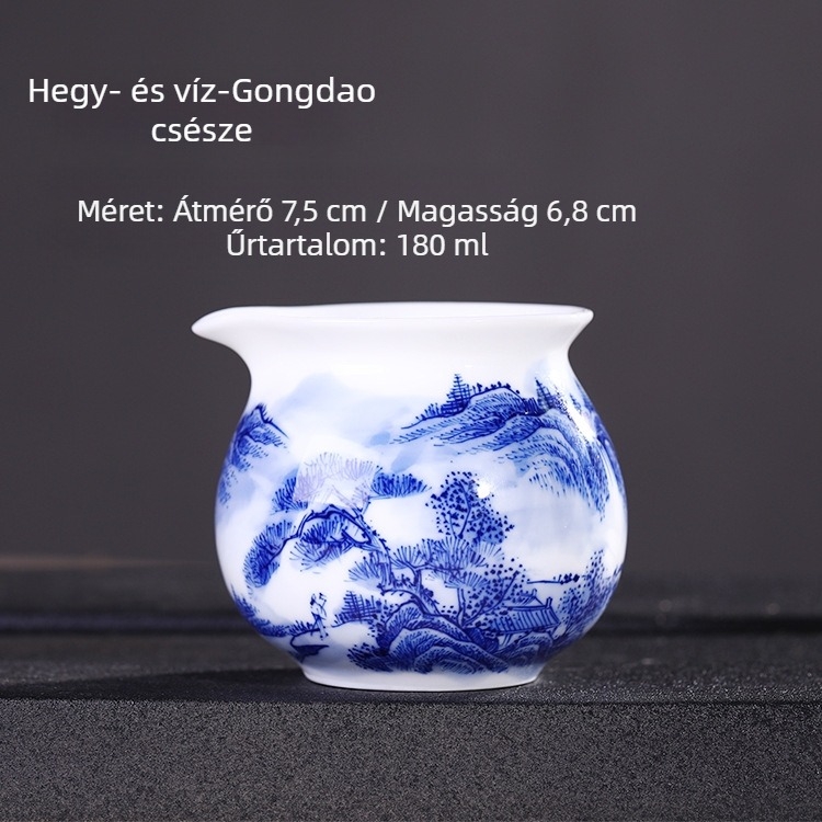 Kézzel festett hegyi táj kék-fehér porcelán teáskészlet: teáscsészék, osztócsésze és kiszolgáló edény