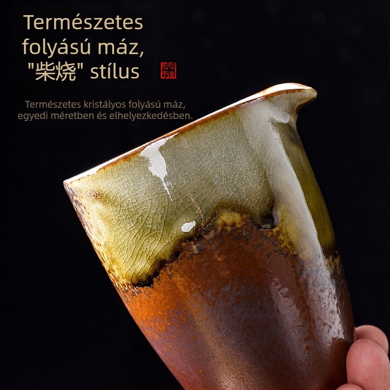 Kemencében égetett kerámia teáskészlet egyenlítő pohárral, teás osztóval és teás tálcával