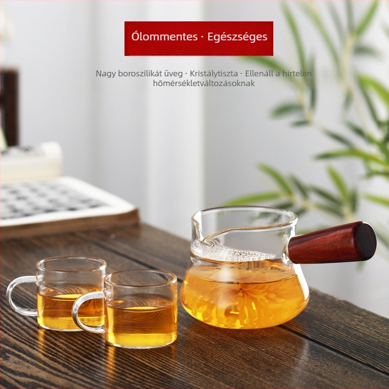 Hőálló Gongfu teáskészlet üveg pohárral, oldalsó és fa fogantyúval, teás tál szűrővel, otthoni használatra