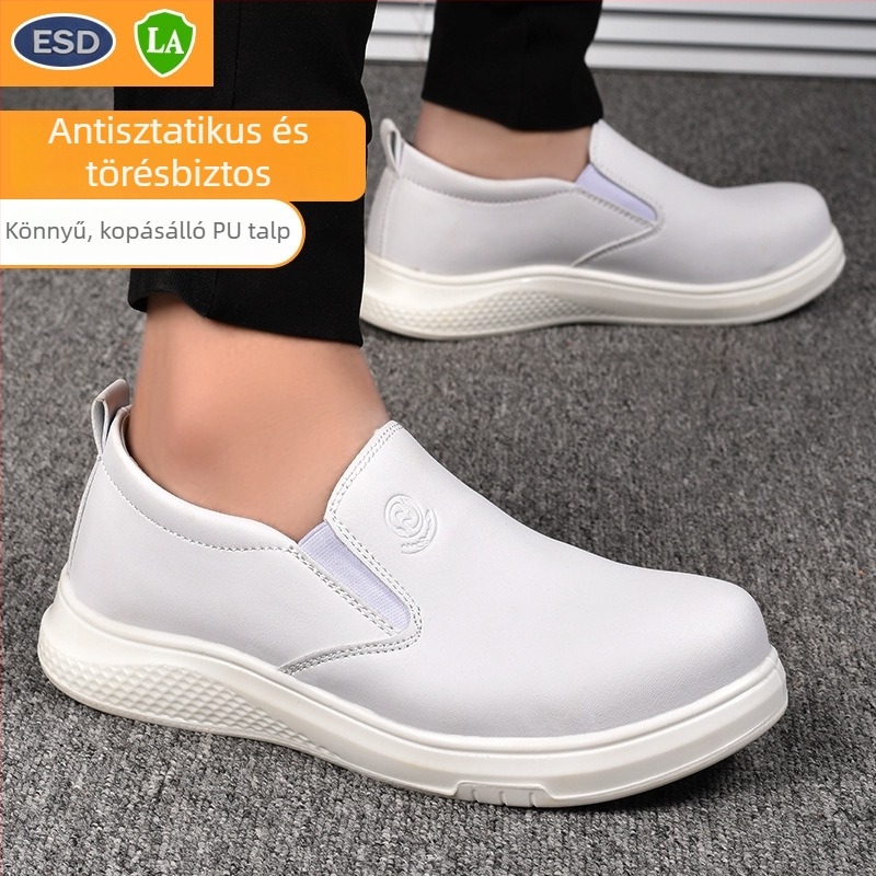 Alacsony profilú slip-on anti‑statikus munkavédelmi cipő, ütés- és perforáció elleni védelemmel, PU anyagú, por- és csúszásálló, kopásálló és olajálló.