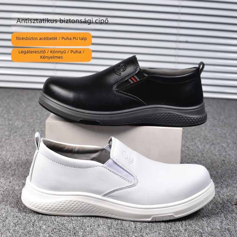 Alacsony profilú slip-on anti‑statikus munkavédelmi cipő, ütés- és perforáció elleni védelemmel, PU anyagú, por- és csúszásálló, kopásálló és olajálló.