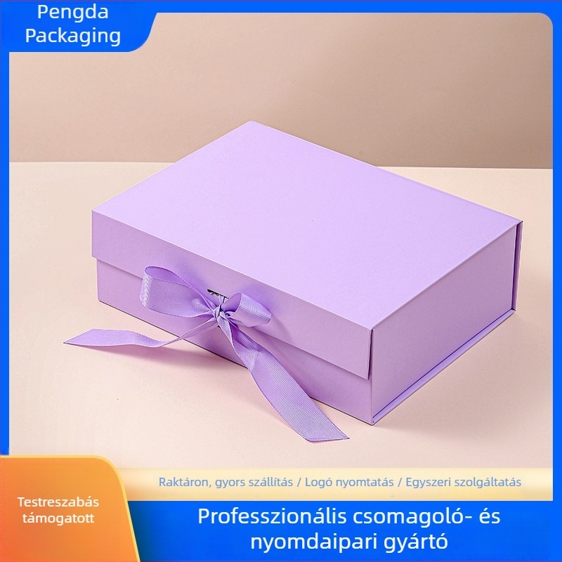Összecsukható egy darabos ajándékdoboz szalaggal – üres ünnepi ajándékdoboz cipőkhöz és ruházathoz, méretek 23x17x7 cm vagy 26x19x8 cm, szalag színek: fekete, rózsaszín, fehér, lila