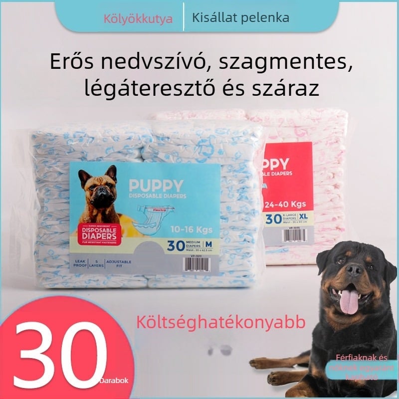 30 darabos nagy kiszerelésű kutyapelenka, mindkét nemű kutyáknak, egyszer használatos higiénikus alsónemű