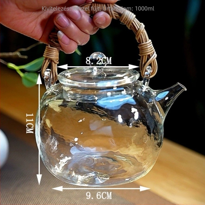 Gongfu teáskanna üvegből, hőálló, japán stílusú kalapált üveggel, rattan fogantyúval