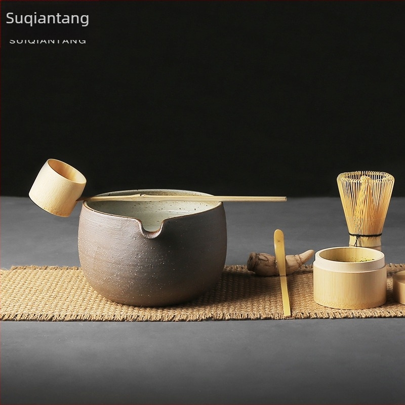 Suiqiantang japán stílusú matcha bambusz teáskanál és teás tál, kézzel készített kőedény