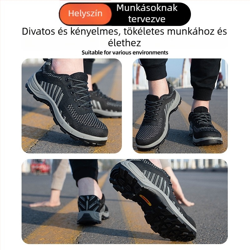 Légáteresztő munkavédelmi cipő acélorrú, ütés- és átszúrásálló, kopásálló talppal, könnyű munkahelyi lábbeli