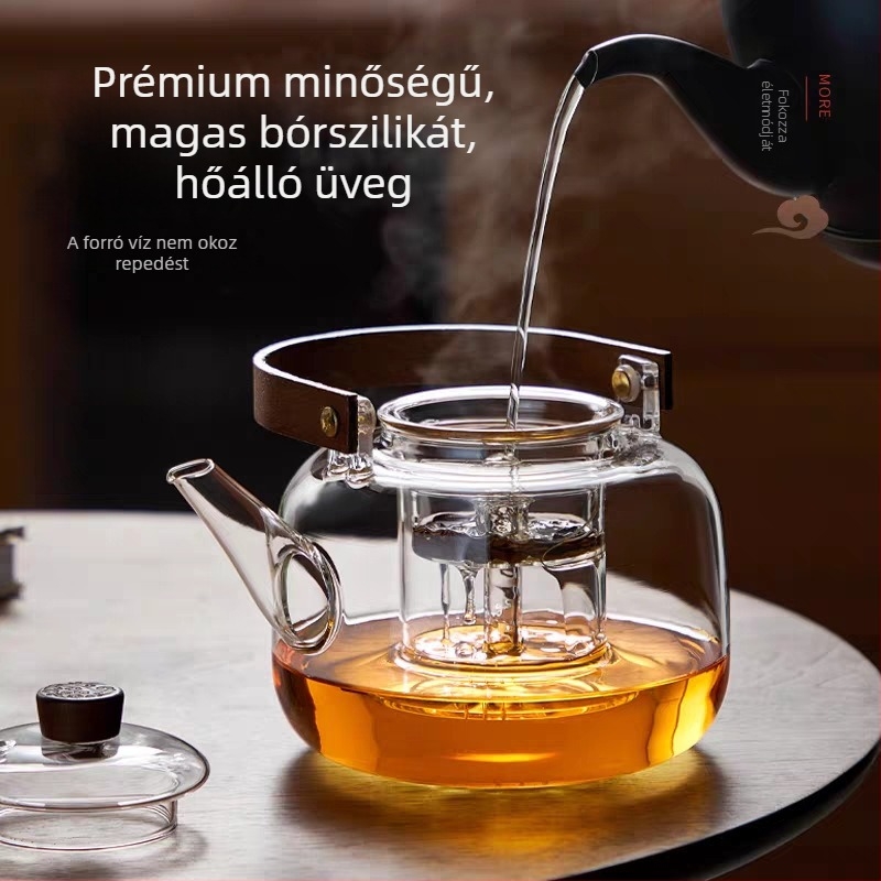 Nagy kapacitású hőálló üvegből készült teáskanna, fa fogantyúval, integrált gőzölés és forralás, teafőzéshez a tűzhelyen