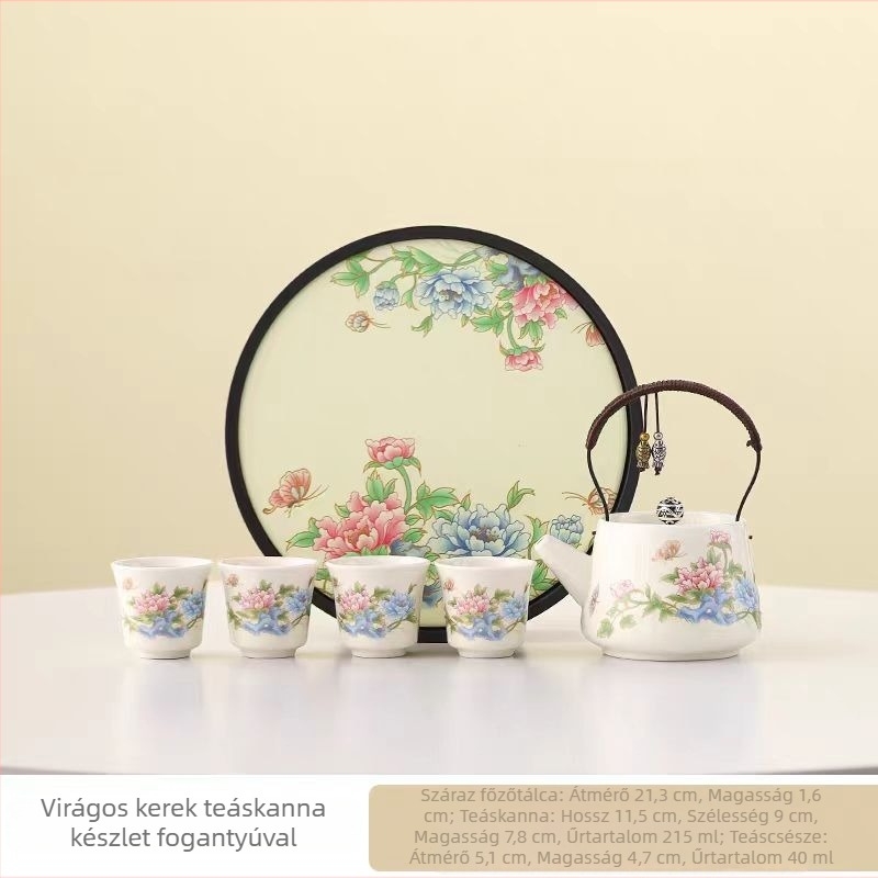 Porcelán Kung-Fu teáskészlet teával és teáscsészékkel, kínai stílus, égésvédő fogantyú, virágos dizájn, otthoni használatra