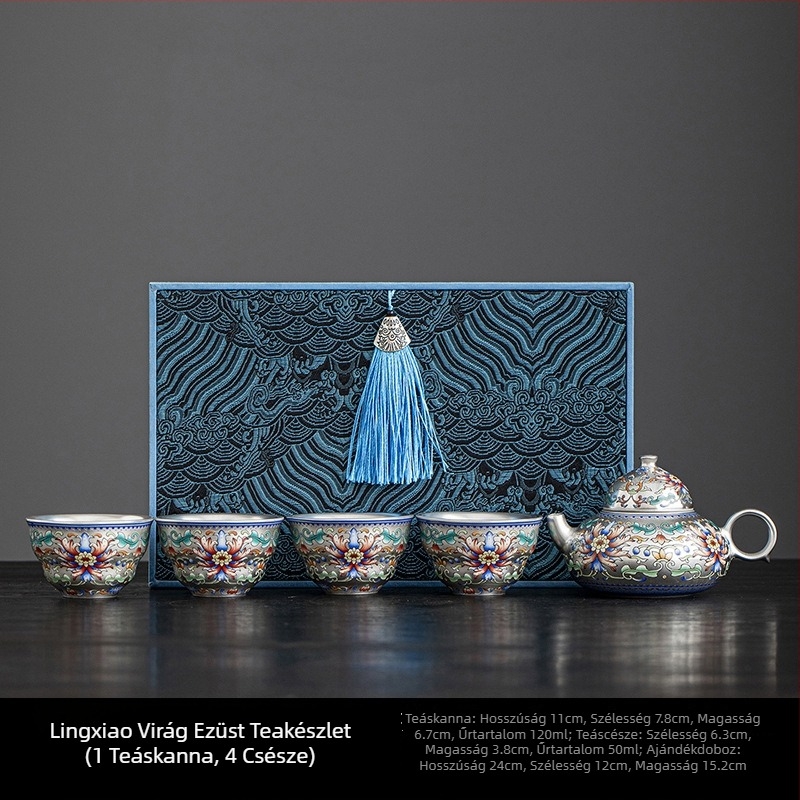 Kézzel készített porcelán teáskészlet ezüstös felülettel, kínai stílusú teáskanna és teáscsészék, luxus ajándékdoboza