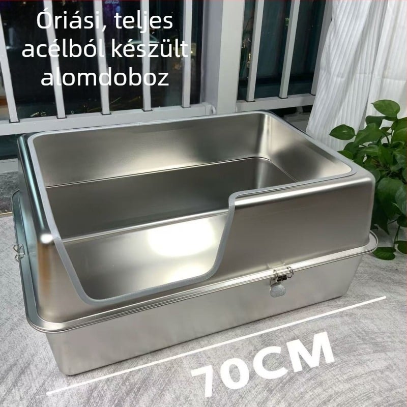 Extra nagy 70 cm rozsdamentes acél nyitott macska WC, mély, fröccsenés elleni kialakítással, magas oldalakkal