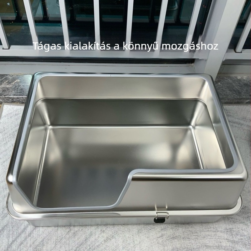 Extra nagy 70 cm rozsdamentes acél nyitott macska WC, mély, fröccsenés elleni kialakítással, magas oldalakkal