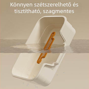 Extra nagy macskaalomtál magas oldalakkal a kiömlés megelőzésére, nyitott kivitel, kiemelt és megerősített dizájn, rövid lábú macskáknak