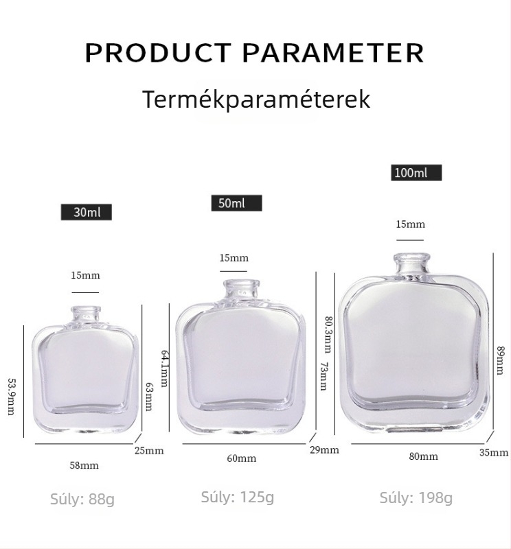 Üveg parfümös flakon spriccelővel, bayonet zárás, 100 ml/50 ml/30 ml