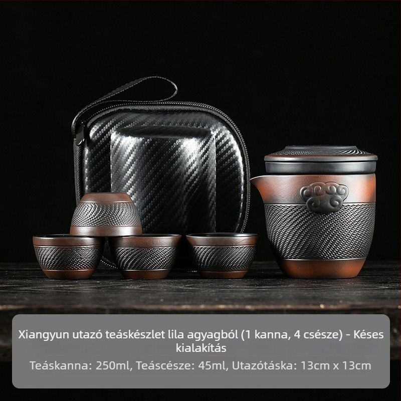 Hordozható utazási tea készlet lila kerámiából teáskannával és 4 teáscsészével kempingezéshez – 1 kanna, 4 csésze