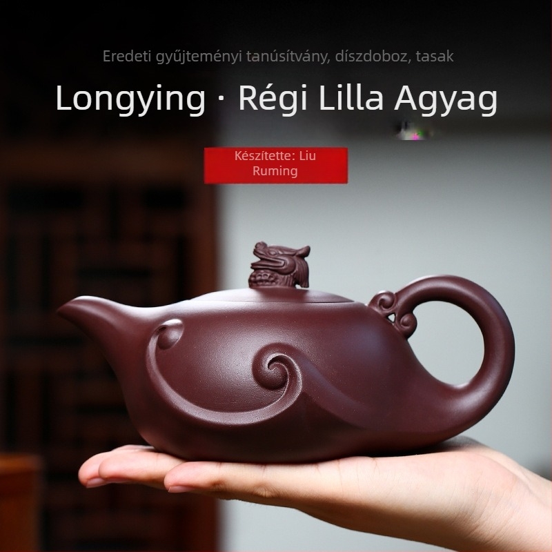 Yixing lila agyag teáskanna, kézzel készített, Longying dizájn, 420 ml-es nagy kapacitás