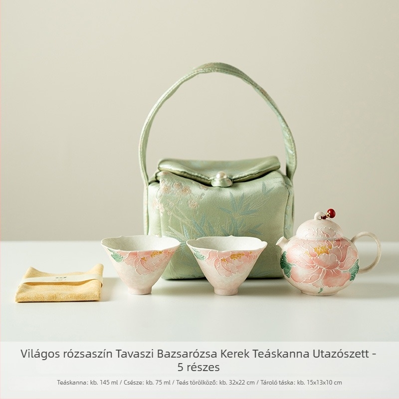 Világos rózsaszín kerámia teáskanna kerekded testtel és pivonía mintával — utazó öt részes készlet egy személyre
