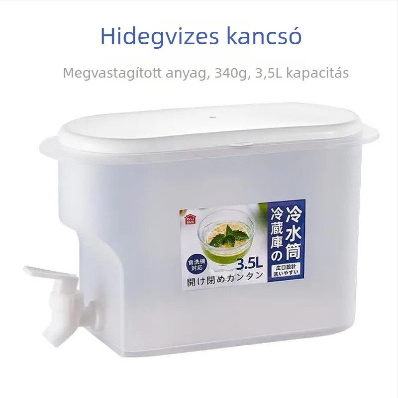 Hideg vízforraló csappal a hűtőbe, zárt víztartály gyümölcsteával, jégvödör — nyári otthoni használatra