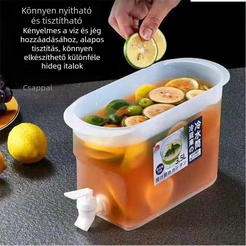 3,5 L-es hidegvíz-palack csappal és citromos gyümölcs-infúzorral italokhoz és gyümölcslevekhez, hűtőben használható
