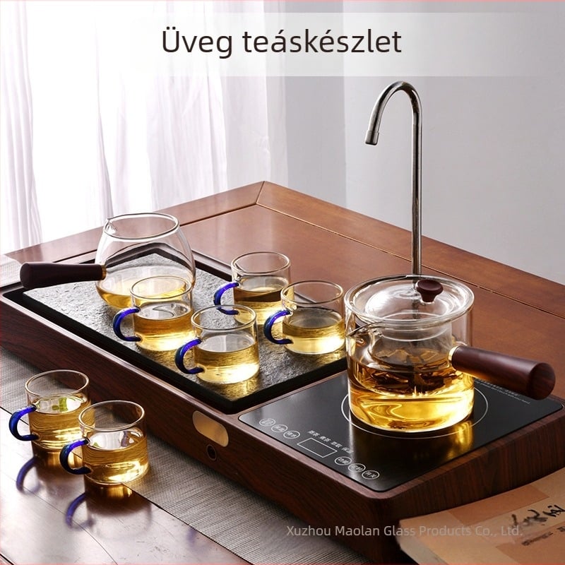 Vastagított boroszilikát üveg teáskanna szűrővel és fa tálcával, hőálló otthoni teáskészlet 6 személyre, minimalist stílus, testre szabható