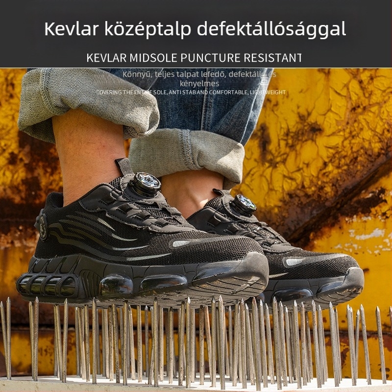 Férfi munkavédelmi cipő forgatható csattal, lélegző és könnyű egész éves viselethez, kopásálló, ütés- és perforáció elleni védelem, acélorrú cipő