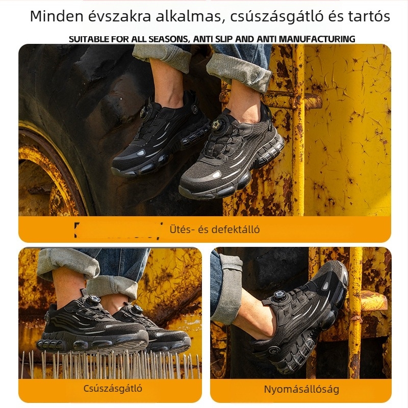Férfi munkavédelmi cipő forgatható csattal, lélegző és könnyű egész éves viselethez, kopásálló, ütés- és perforáció elleni védelem, acélorrú cipő