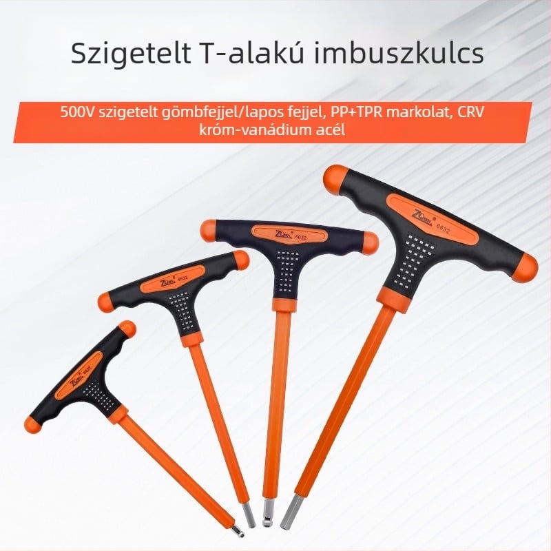 T-formájú szigetelt imbuszkulcs sík végű és gömb végű fejjel, háromszínű csúszásmentes markolattal és hosszabbítóval elektromos szakemberek számára