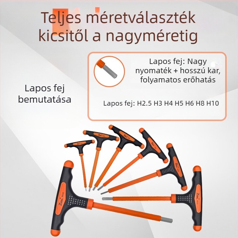 T-formájú szigetelt imbuszkulcs sík végű és gömb végű fejjel, háromszínű csúszásmentes markolattal és hosszabbítóval elektromos szakemberek számára
