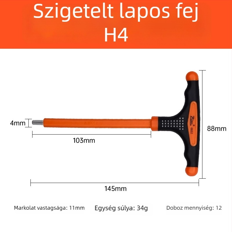 T-formájú szigetelt imbuszkulcs sík végű és gömb végű fejjel, háromszínű csúszásmentes markolattal és hosszabbítóval elektromos szakemberek számára