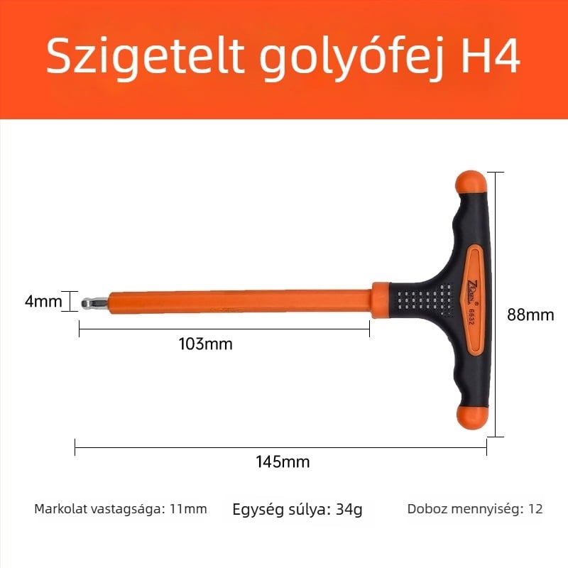 T-formájú szigetelt imbuszkulcs sík végű és gömb végű fejjel, háromszínű csúszásmentes markolattal és hosszabbítóval elektromos szakemberek számára
