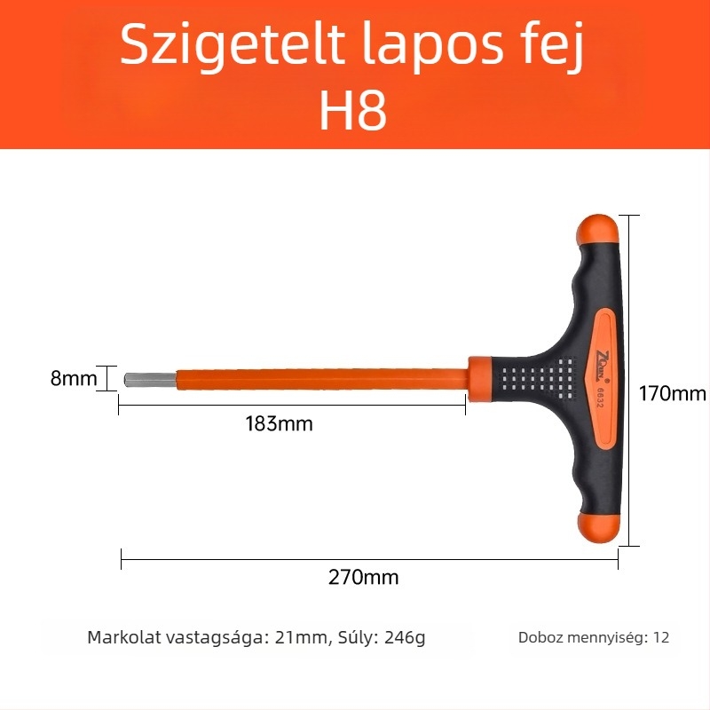 T-formájú szigetelt imbuszkulcs sík végű és gömb végű fejjel, háromszínű csúszásmentes markolattal és hosszabbítóval elektromos szakemberek számára