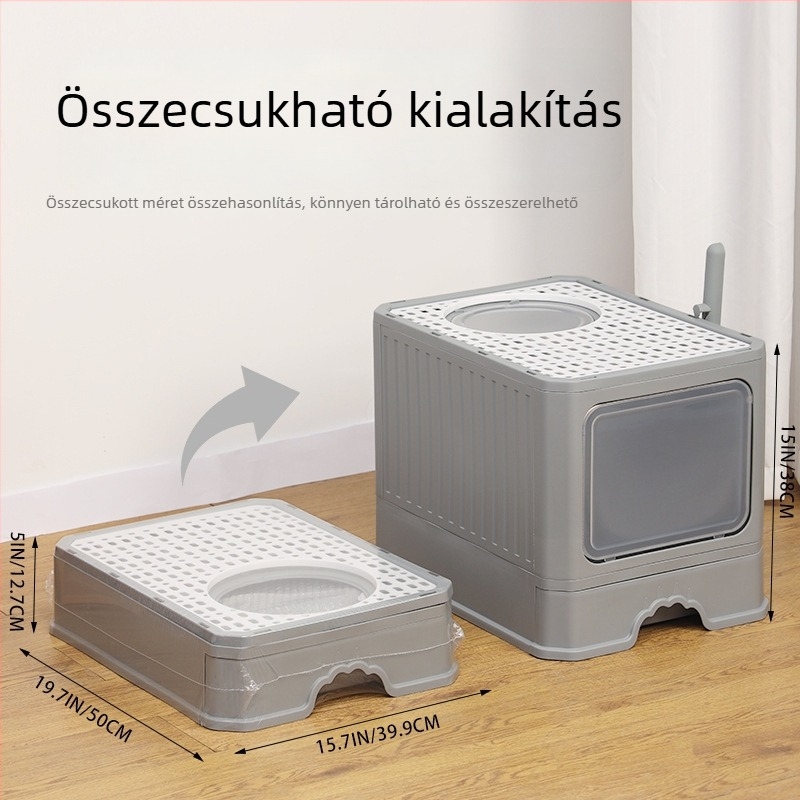 Kiemelkedően nagy, teljesen zárt macskaalom-doboz kettős ajtóval, cseppmentes, fiókos dezodoráló macska toalett