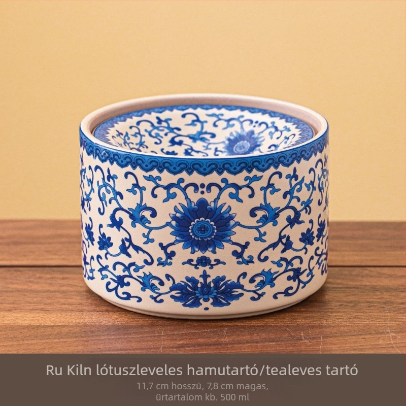 Ru Kiln kínai stílusú kerámia teás készlet kiegészítők, kék-fehér lótusz és szőlő motívummal; tea maradvány tároló, víztartó edény, csésze mosó, hamutál