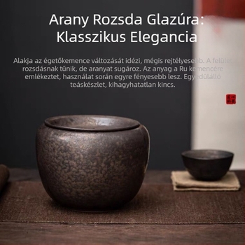 Rozsdaszínű mázas kerámia teás edény fedővel és szűrővel – retro tea ceremónia kiegészítő
