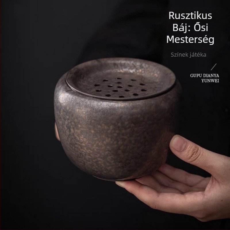 Rozsdaszínű mázas kerámia teás edény fedővel és szűrővel – retro tea ceremónia kiegészítő