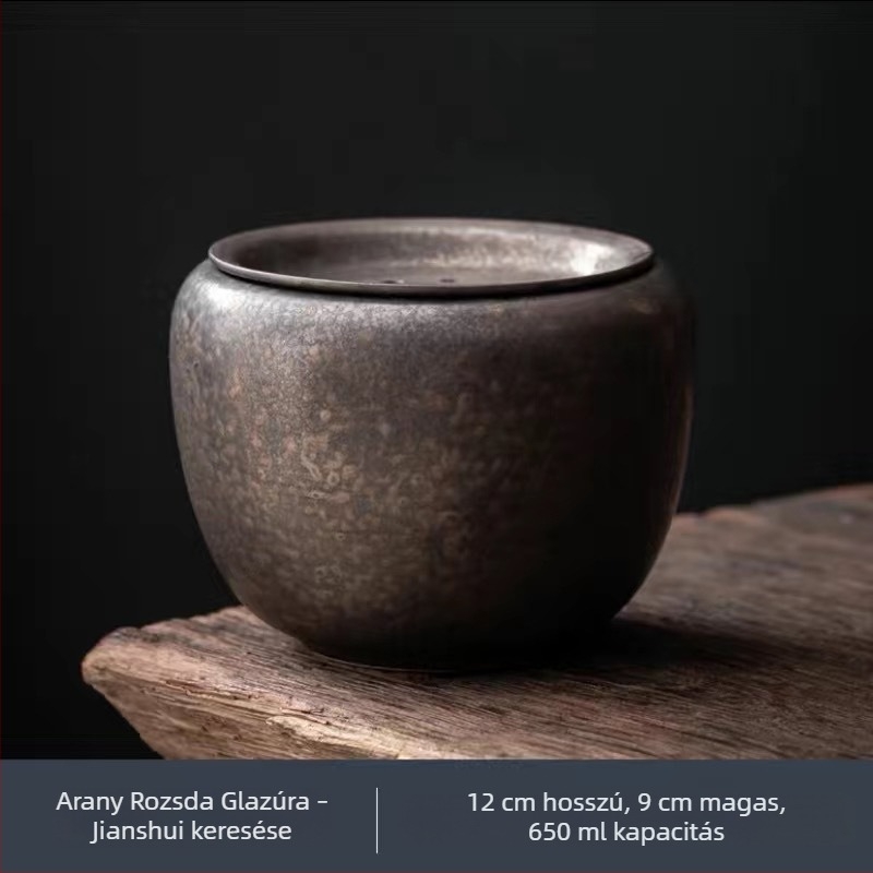 Rozsdaszínű mázas kerámia teás edény fedővel és szűrővel – retro tea ceremónia kiegészítő