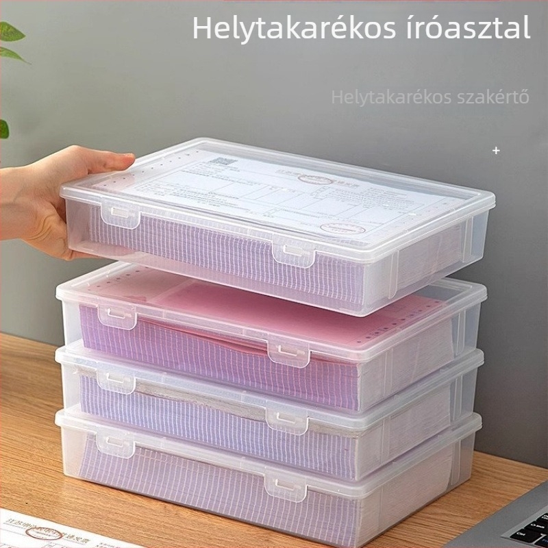 Dokumentumtároló doboz otthoni asztali használatra, átlátszó rendező A4/A5