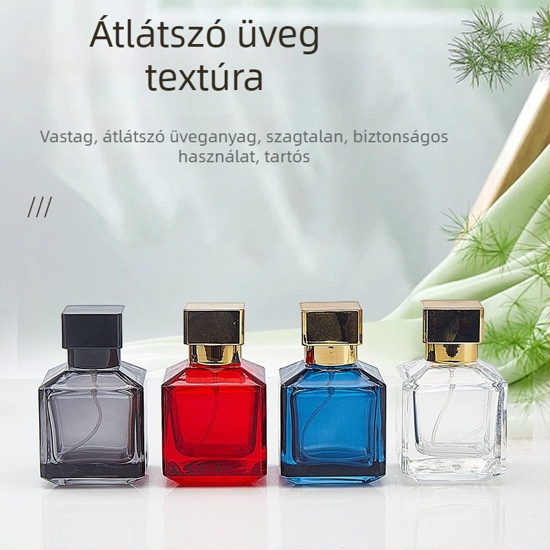 Színes, négyszögletes üvegparfümös flakon, 50 ml, nyomó kupakkal és finom permetező fejjel