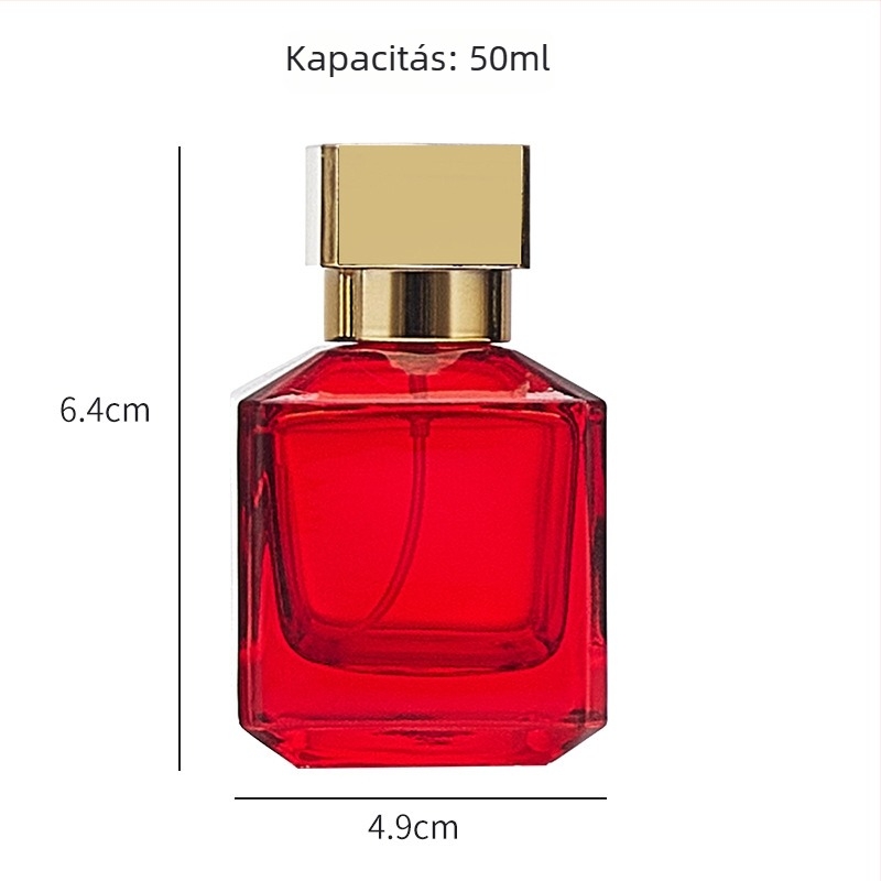 Színes, négyszögletes üvegparfümös flakon, 50 ml, nyomó kupakkal és finom permetező fejjel