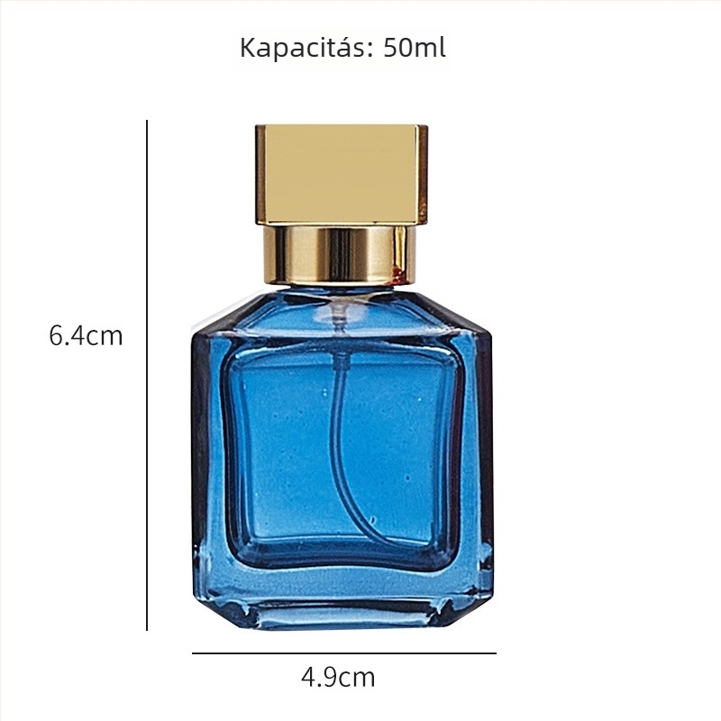 Színes, négyszögletes üvegparfümös flakon, 50 ml, nyomó kupakkal és finom permetező fejjel